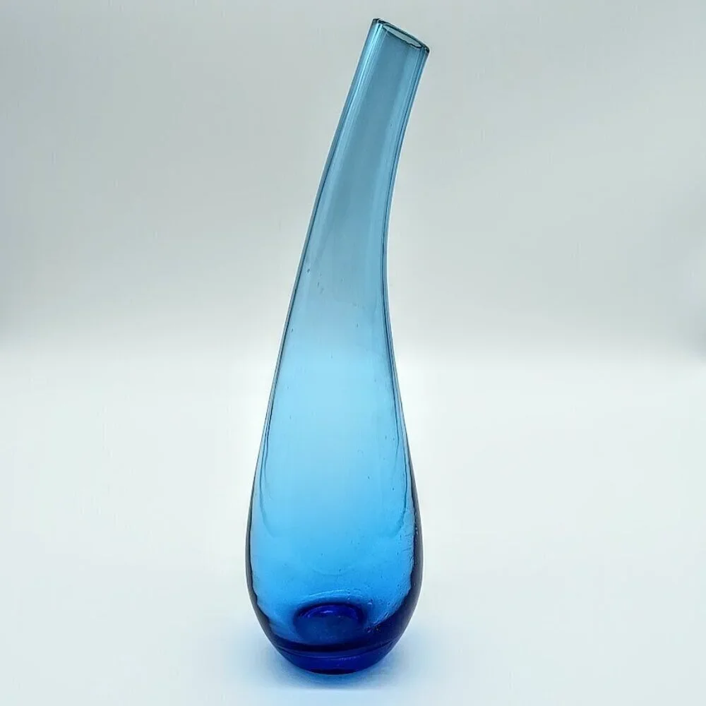 Handblown Ikea Blue Bent Neck Teardrop Glass Vase